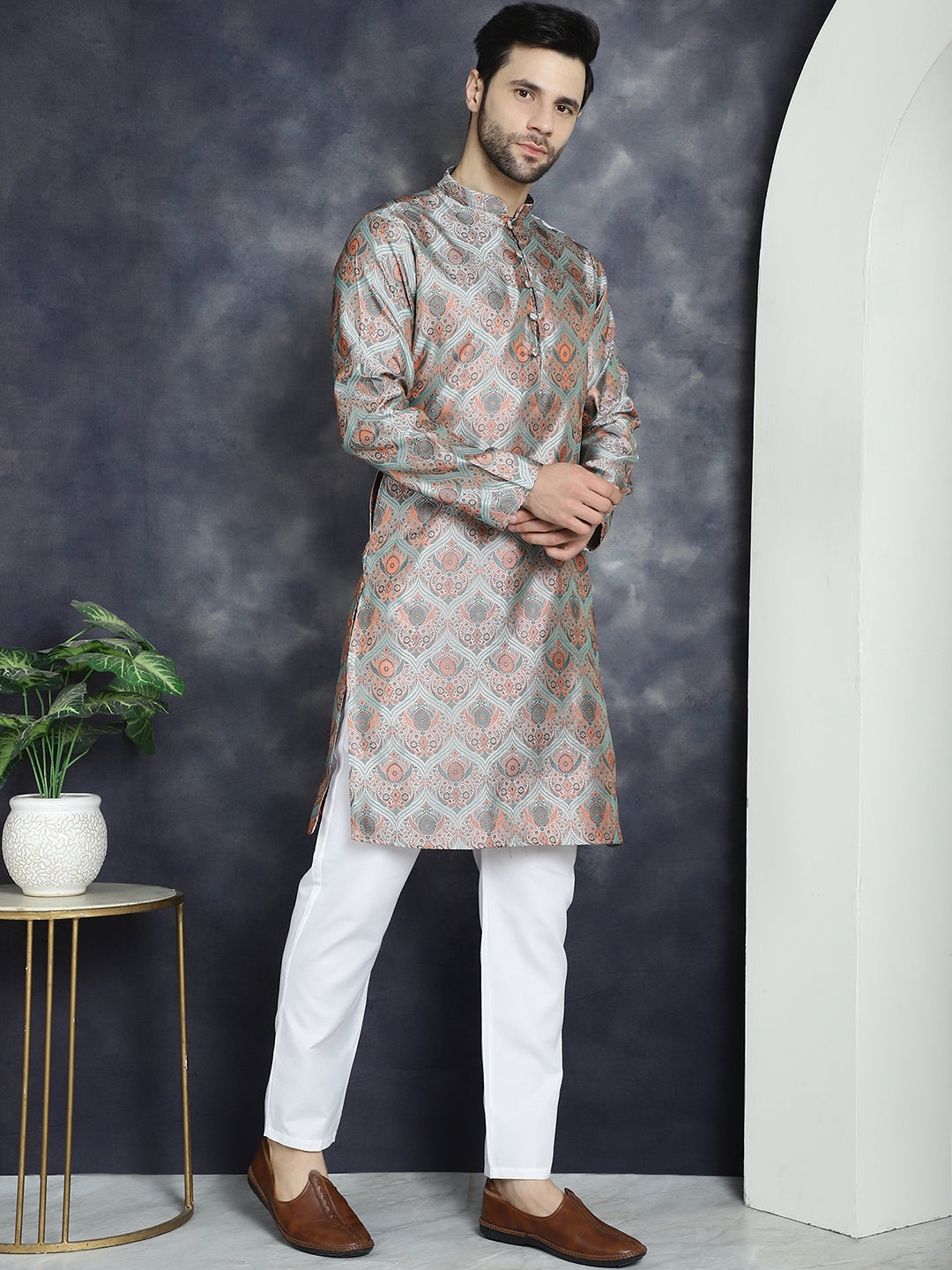 Jompers Men's Silver Silk Blend Straight Kurta Pyjama Set