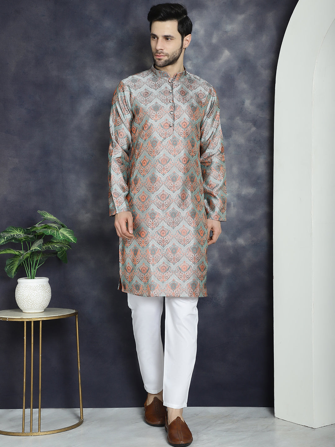 Jompers Men's Silver Silk Blend Straight Kurta Pyjama Set