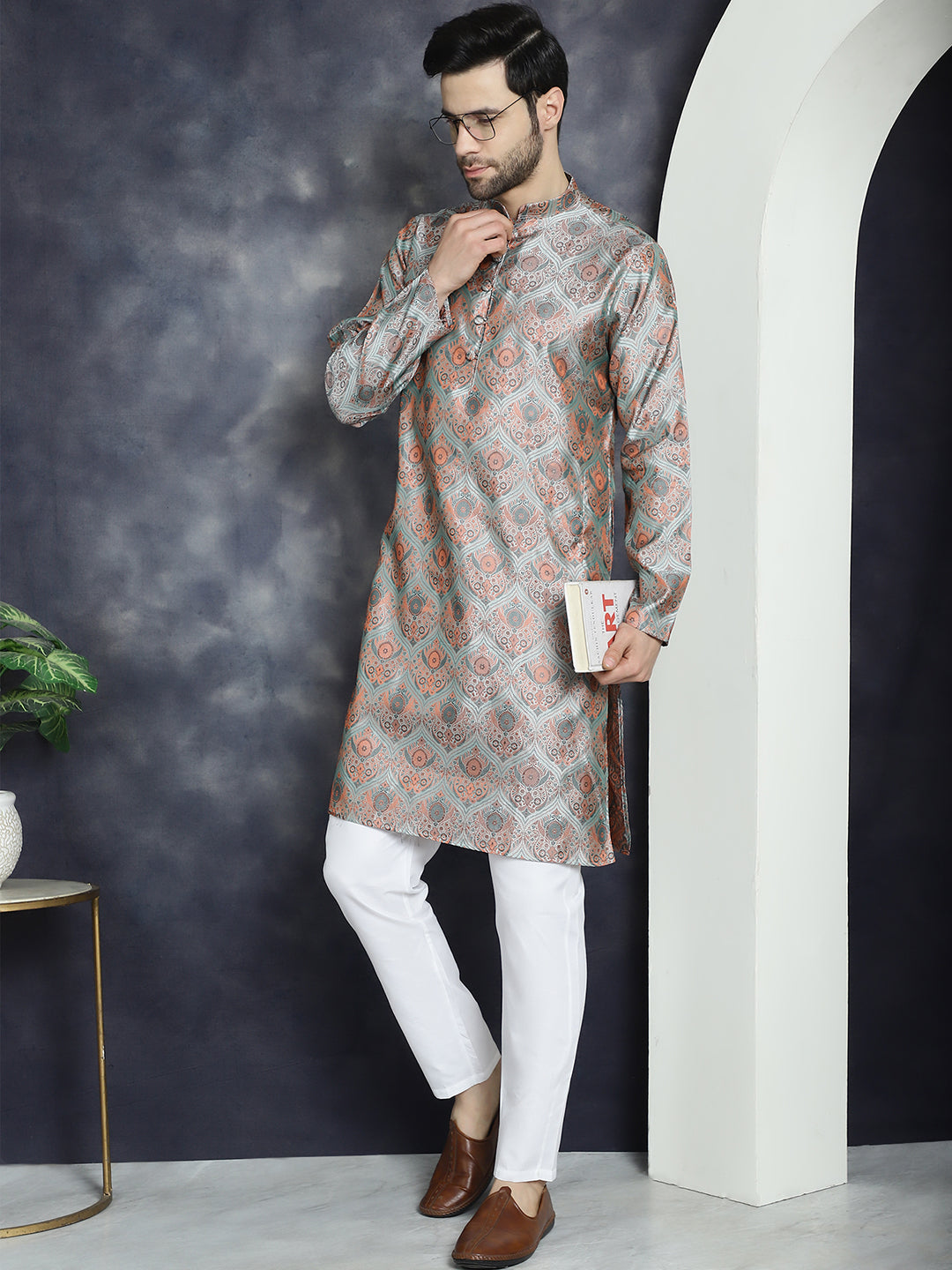 Jompers Men's Silver Silk Blend Straight Kurta Pyjama Set