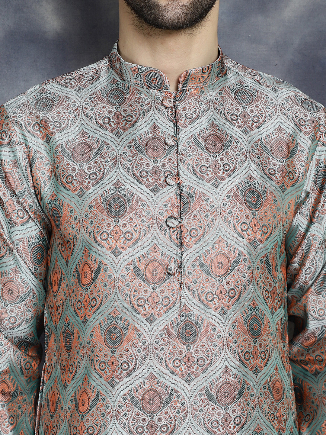 Jompers Men's Silver Silk Blend Straight Kurta Pyjama Set