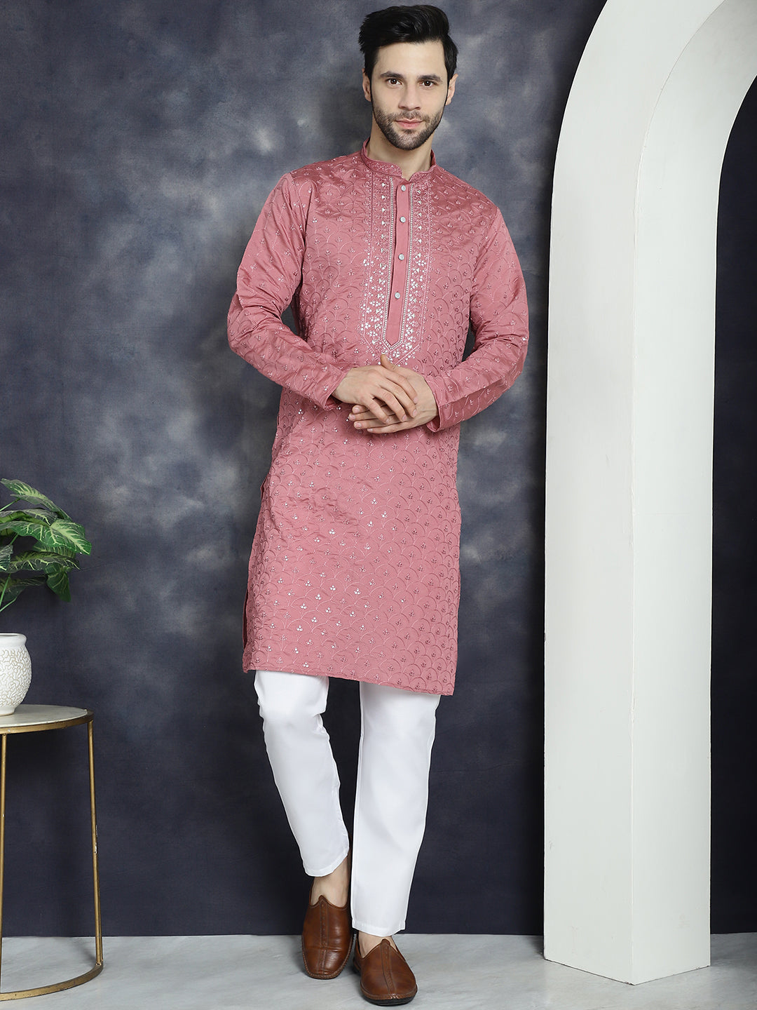 Jompers Men's Sequins Embroidered Kurta With Pyjama - Coral