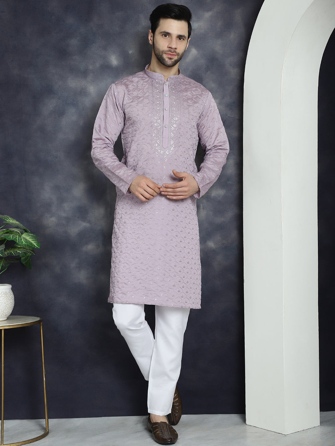 Jompers Men's Sequins Embroidered Kurta With Pyjama - Purple
