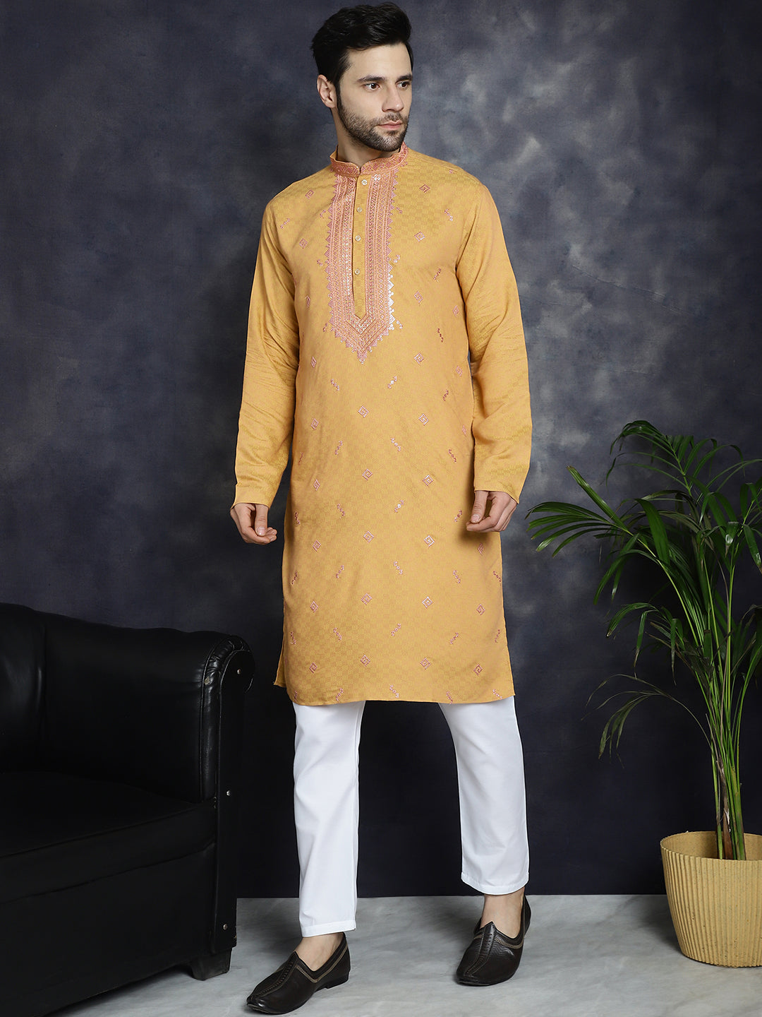 Jompers Men's Sequins Embroidered Kurta With Pyjama - Orange