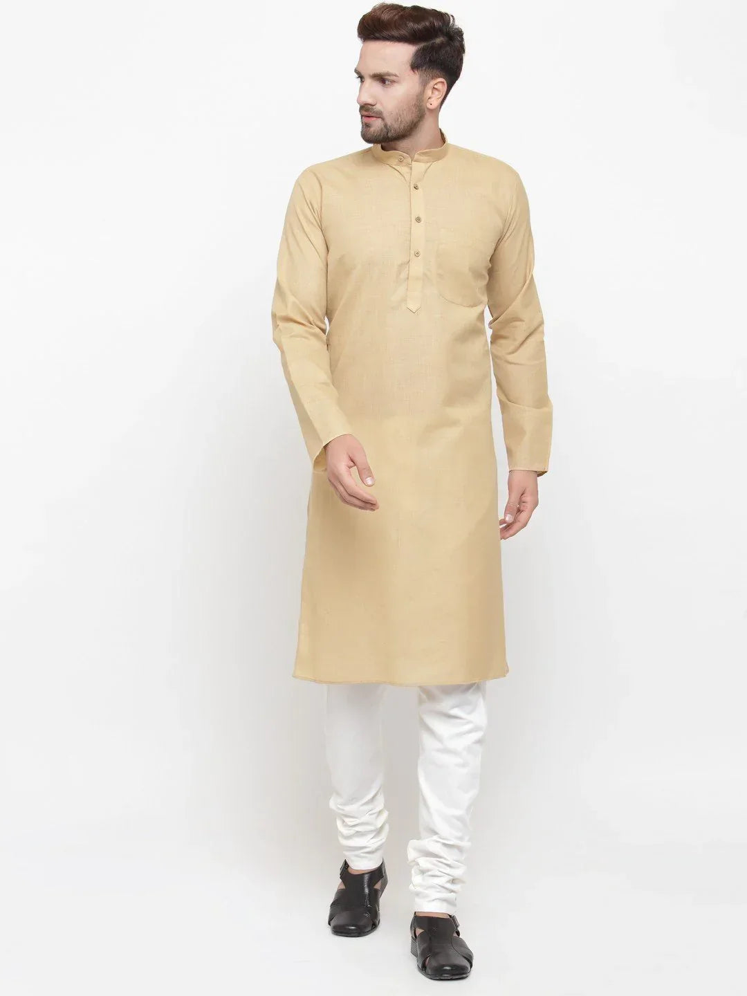Jompers Men's Beige & White Solid Kurta with Churidar