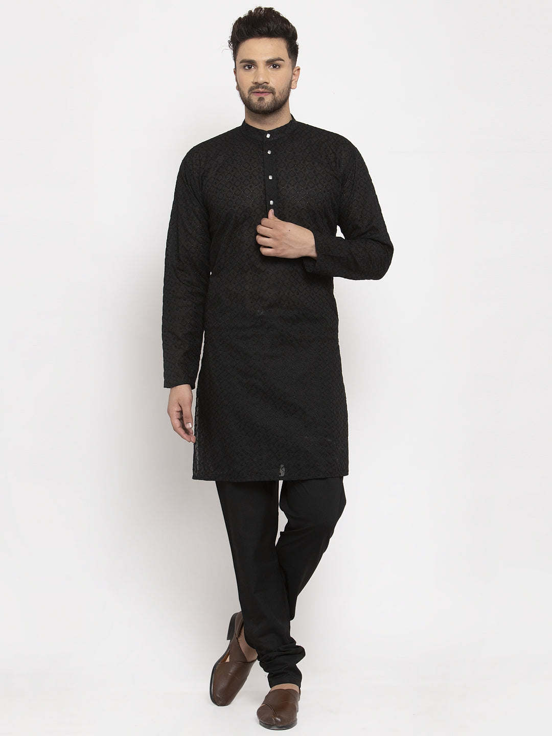 Jompers Men Black Chikan Kurta with Churidar 