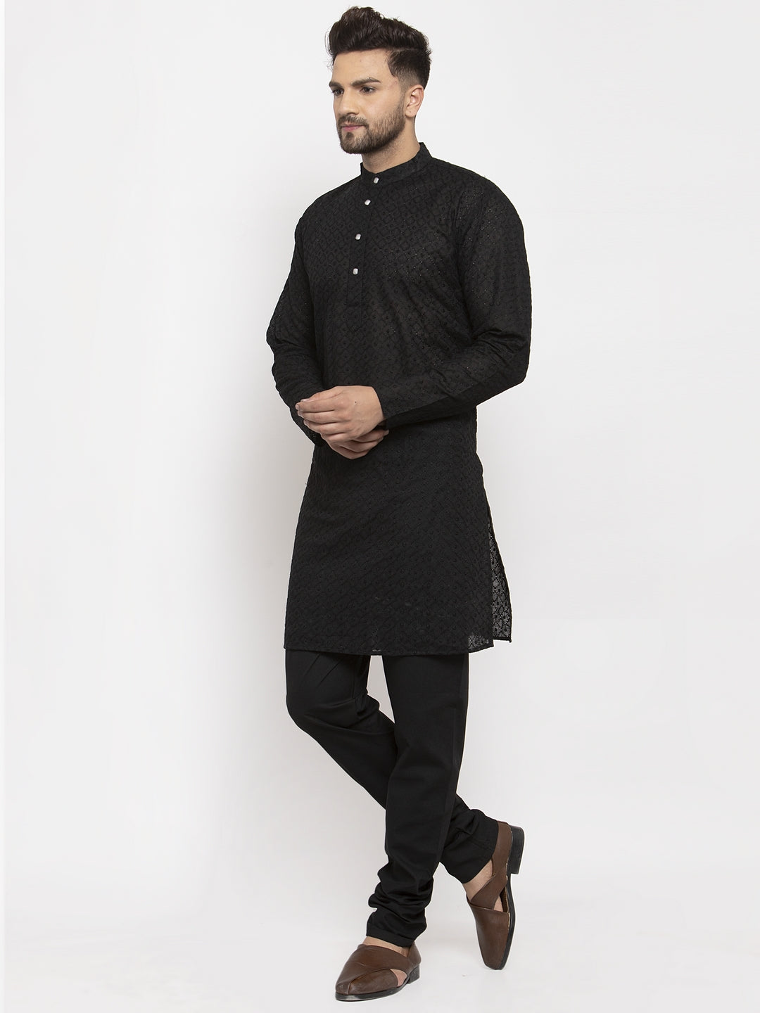 Jompers Men Black Chikan Kurta with Churidar 