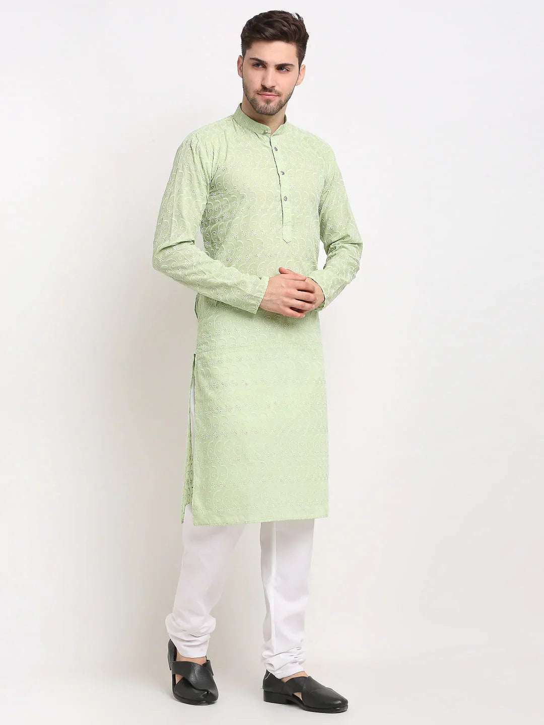 Jompers Men's Green Chikan Kurta with Churidar