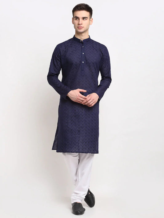 Jompers Men's Navy Blue Chikan Kurta with Churidar