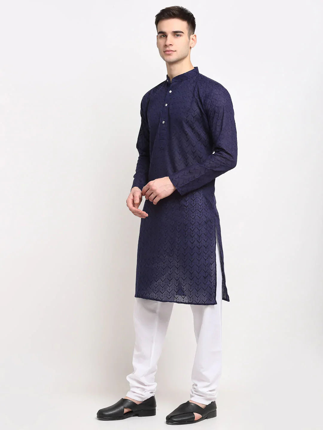 Jompers Men's Navy Blue Chikan Kurta with Churidar