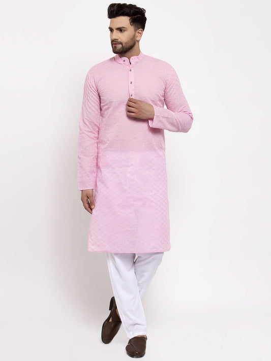 Jompers Men Pink Chikan Kurta with Churidar