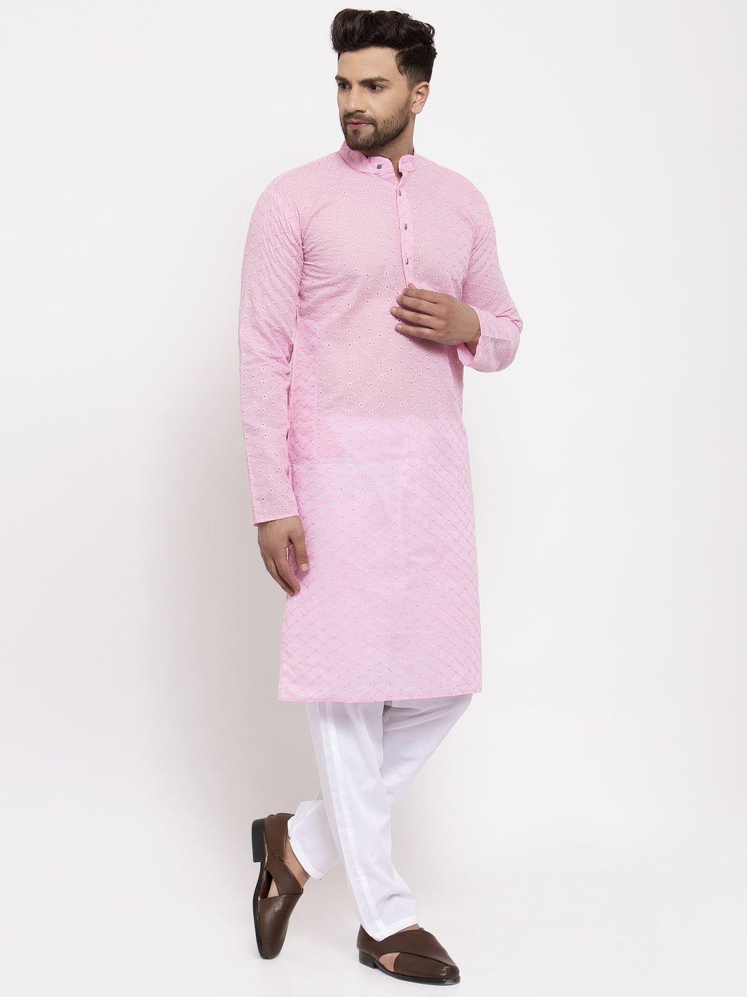 Jompers Men Pink Chikan Kurta with Churidar