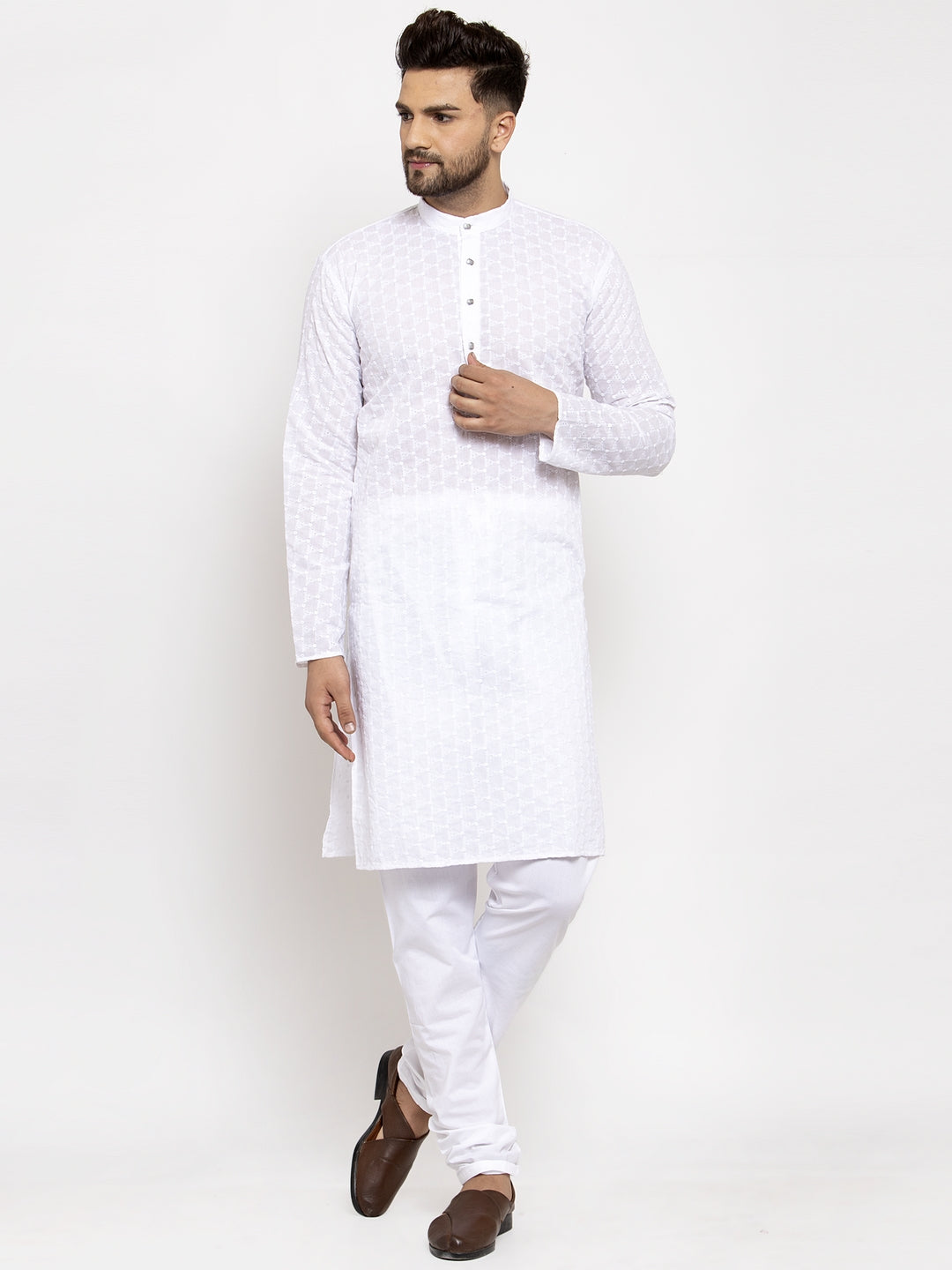 Jompers Men White Chikan Kurta with Churidar 
