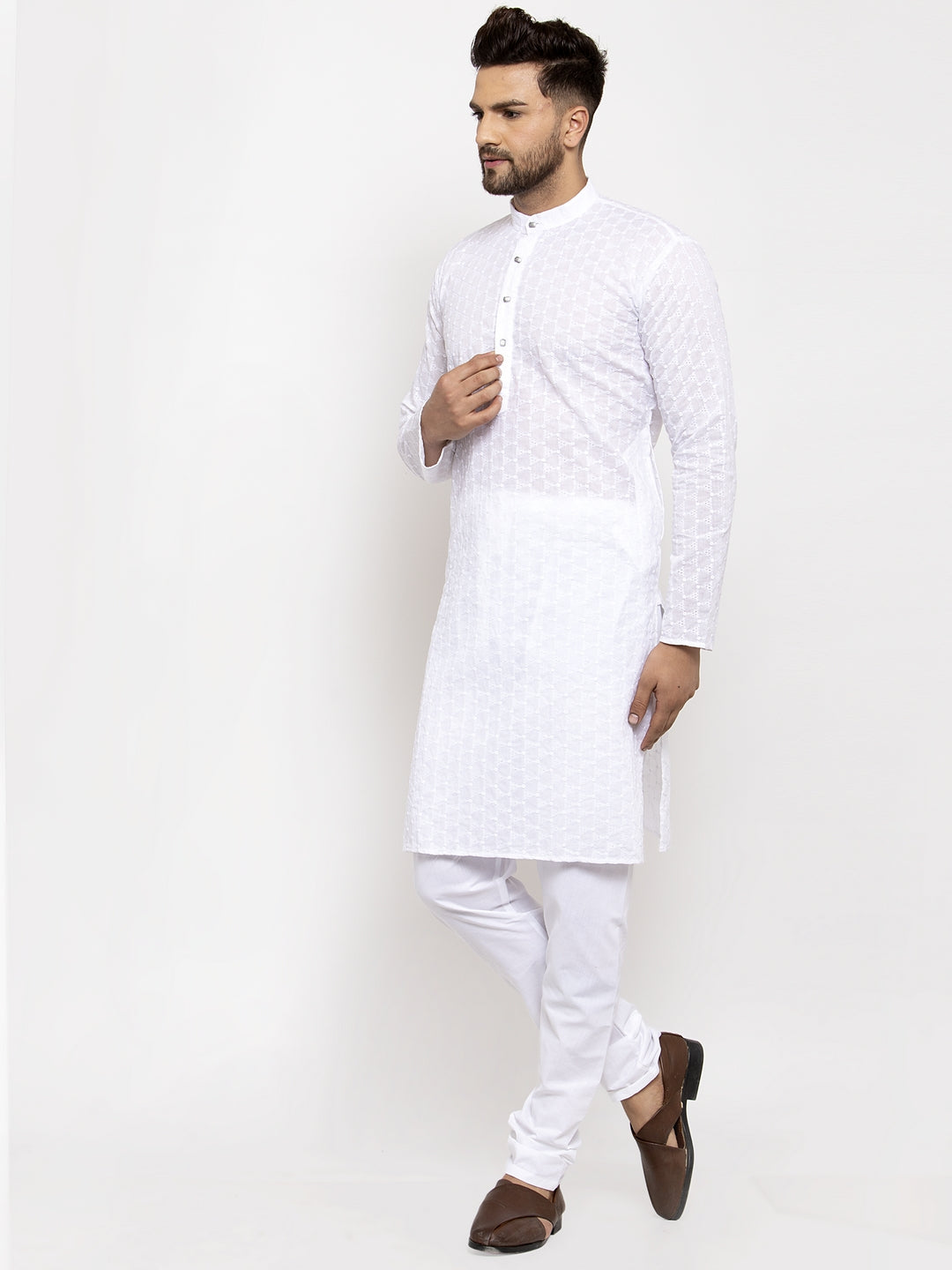 Jompers Men White Chikan Kurta with Churidar 