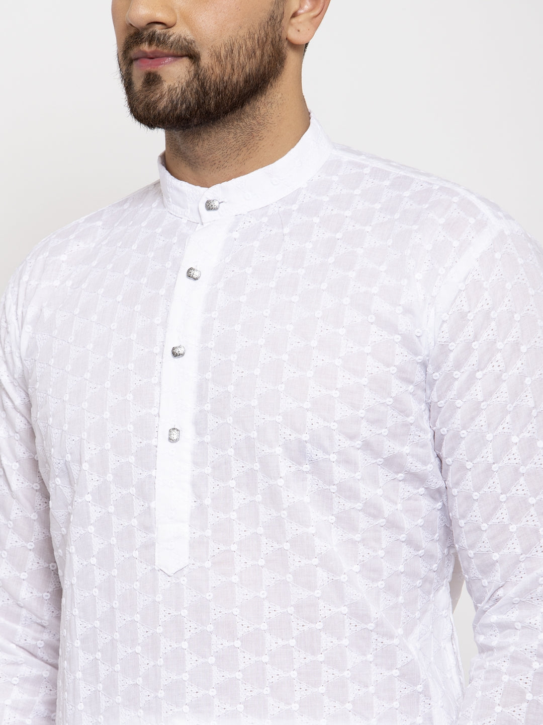 Jompers Men White Chikan Kurta with Churidar 