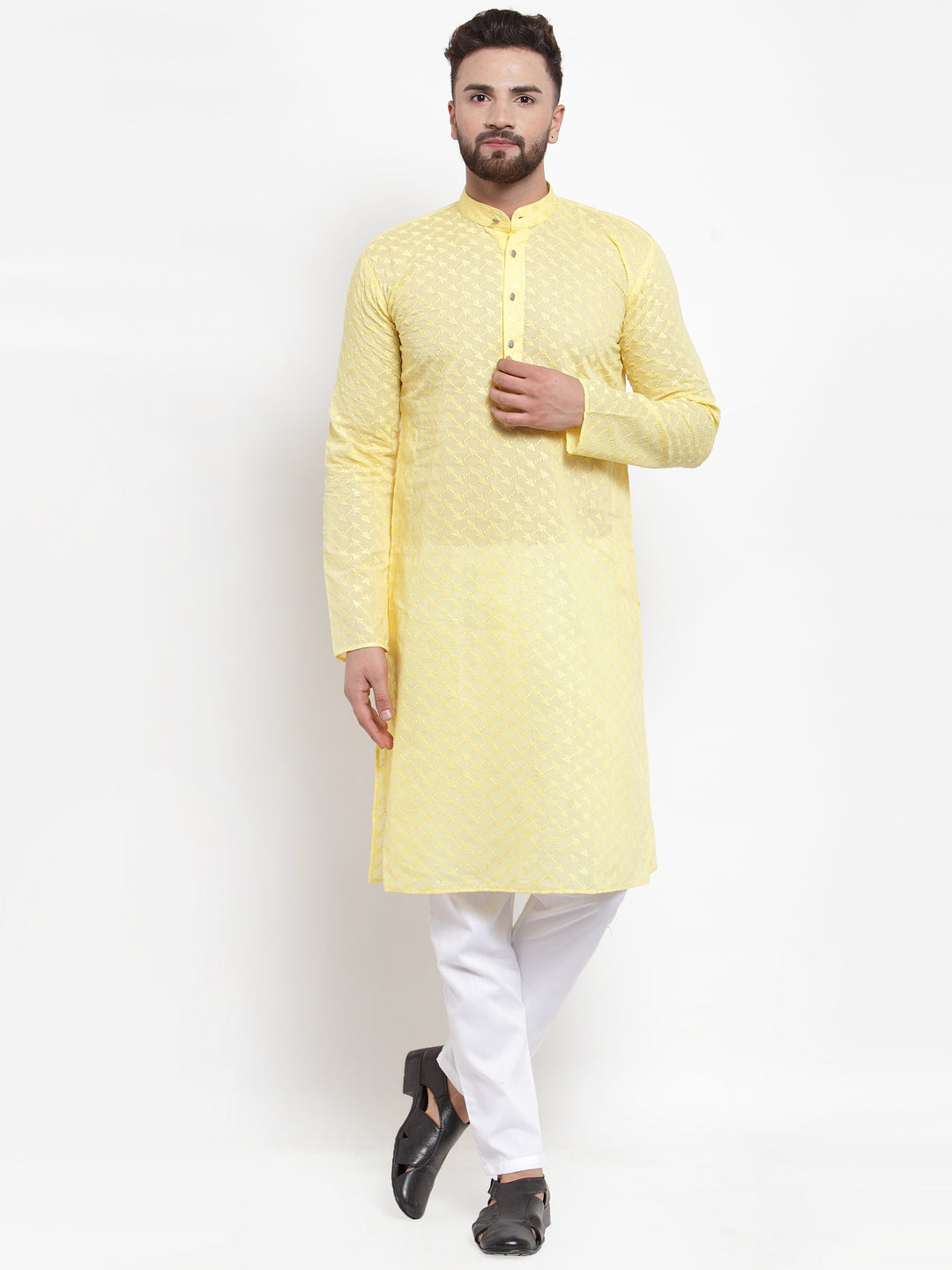 Jompers Men Yellow Chikan Kurta with Churidar 