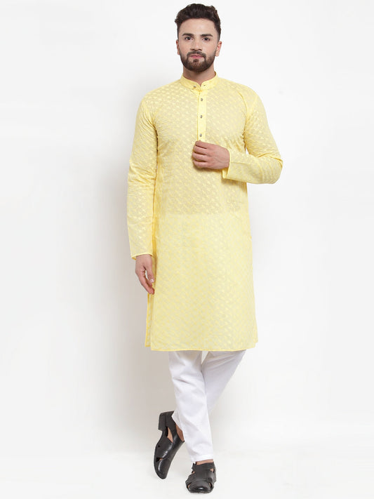 Jompers Men Yellow Chikan Kurta with Churidar 