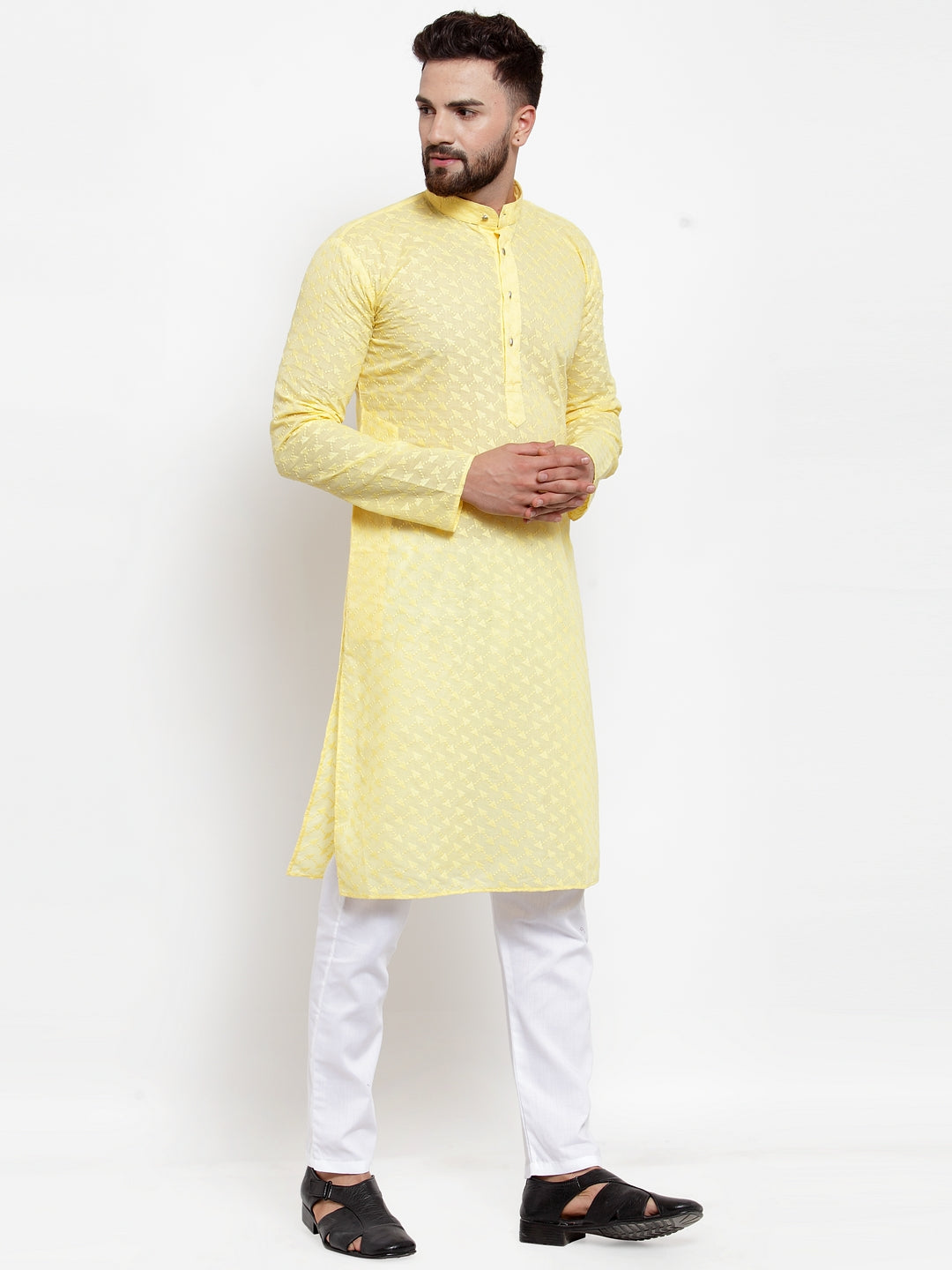 Jompers Men Yellow Chikan Kurta with Churidar 