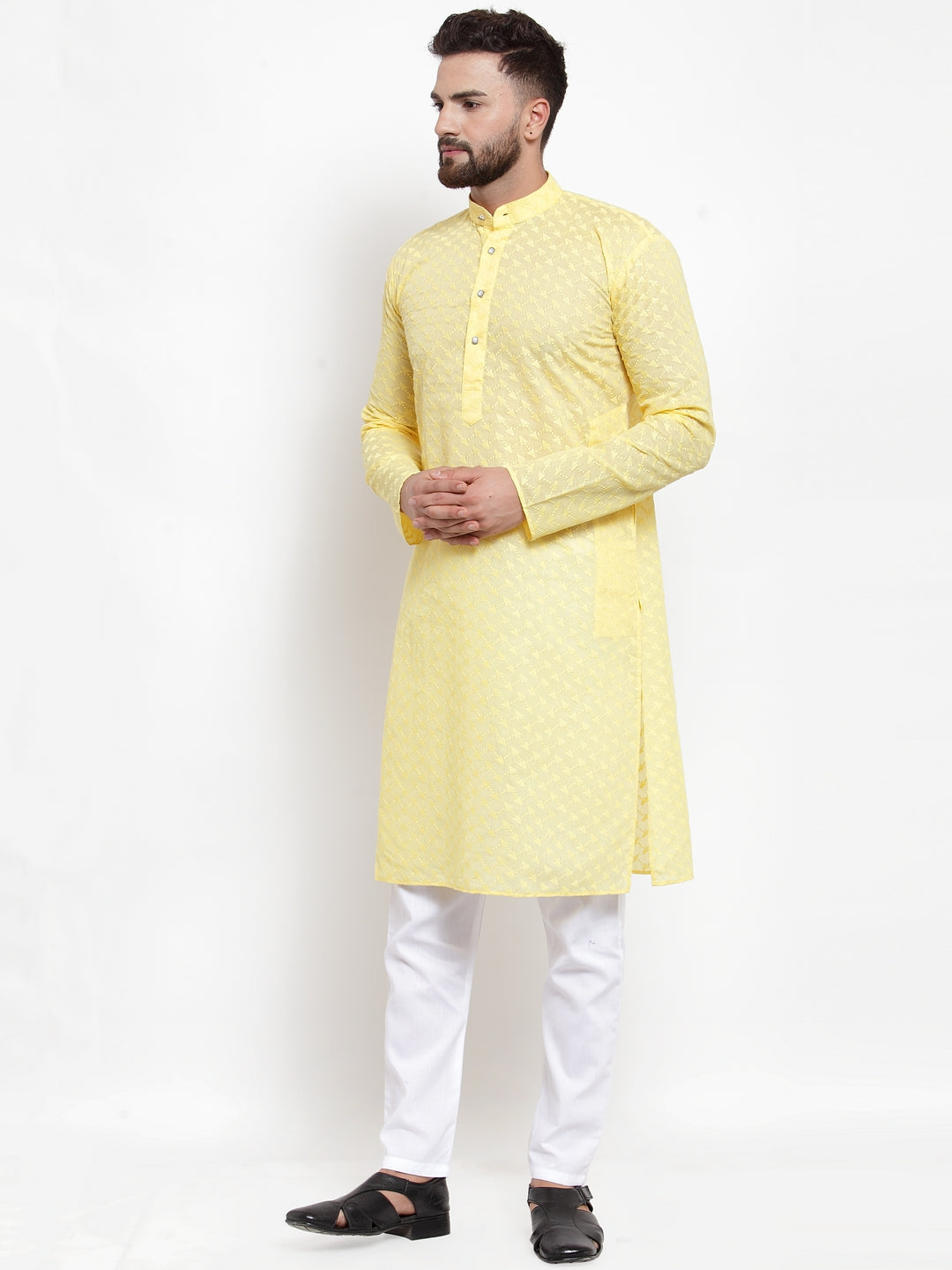 Jompers Men Yellow Chikan Kurta with Churidar 