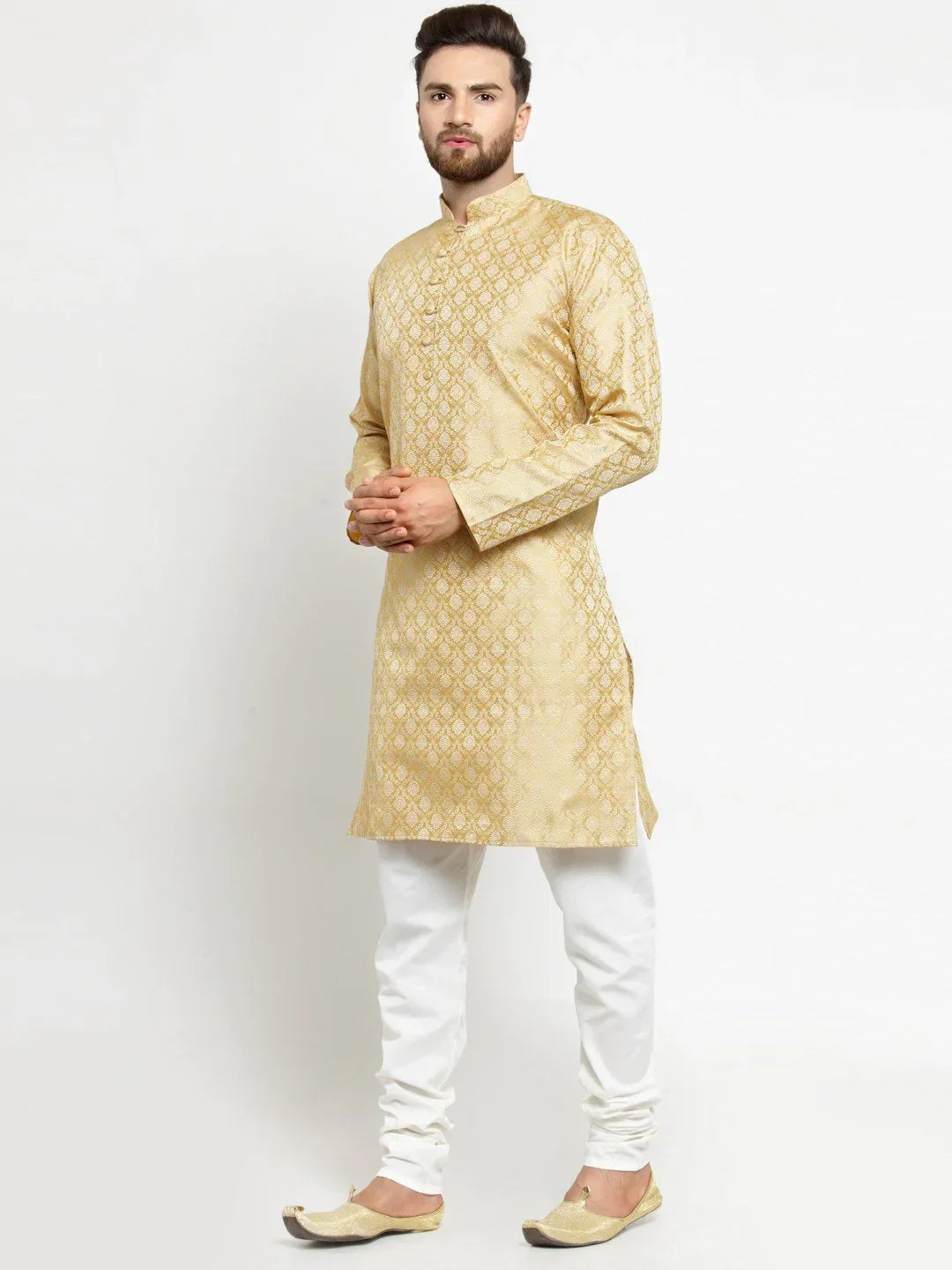 Jompers Men's Golden Self Design Kurta with Churidar