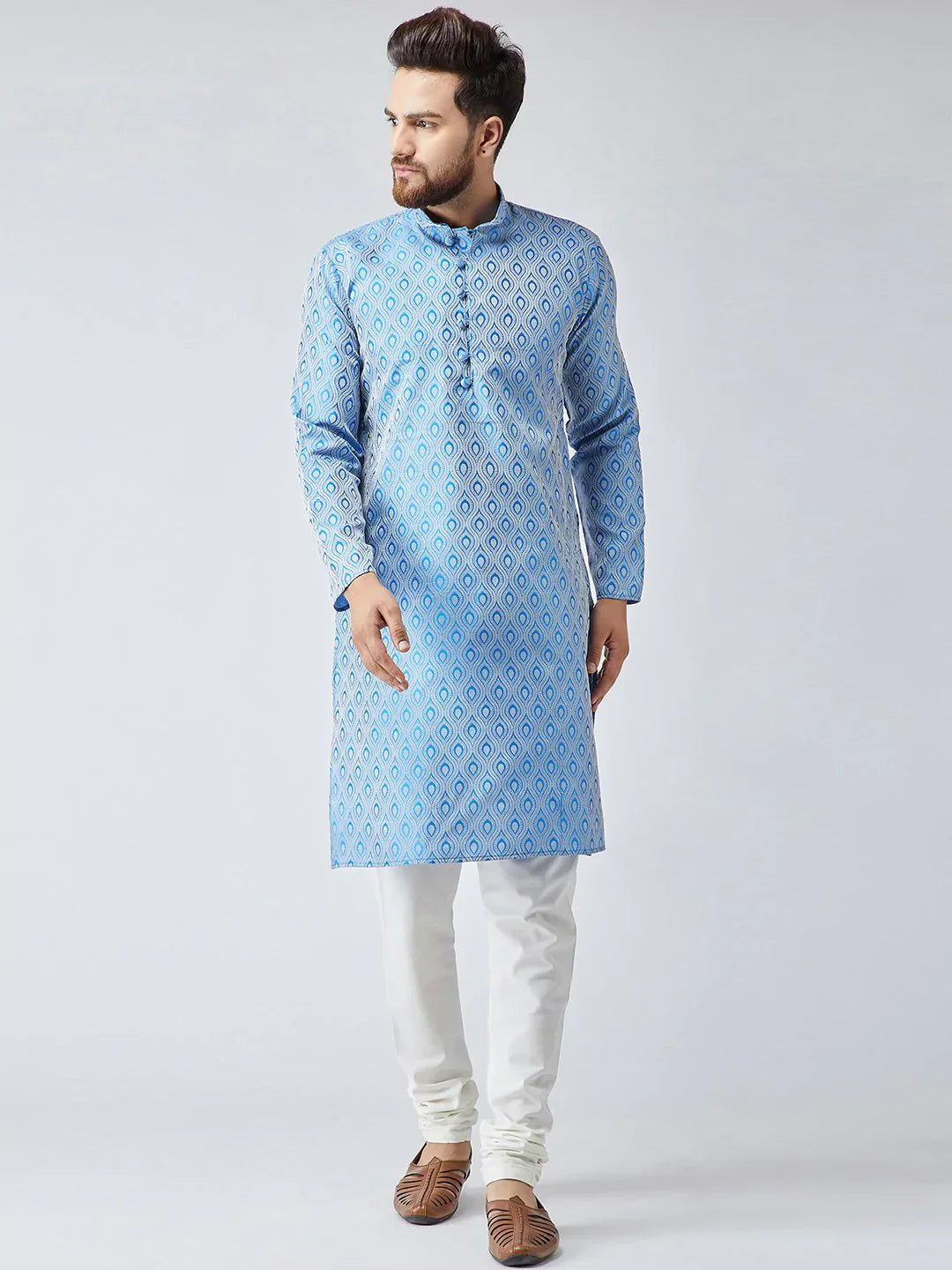 Jompers Men's Sky Blue & Off-White Self Design Kurta with Churidar
