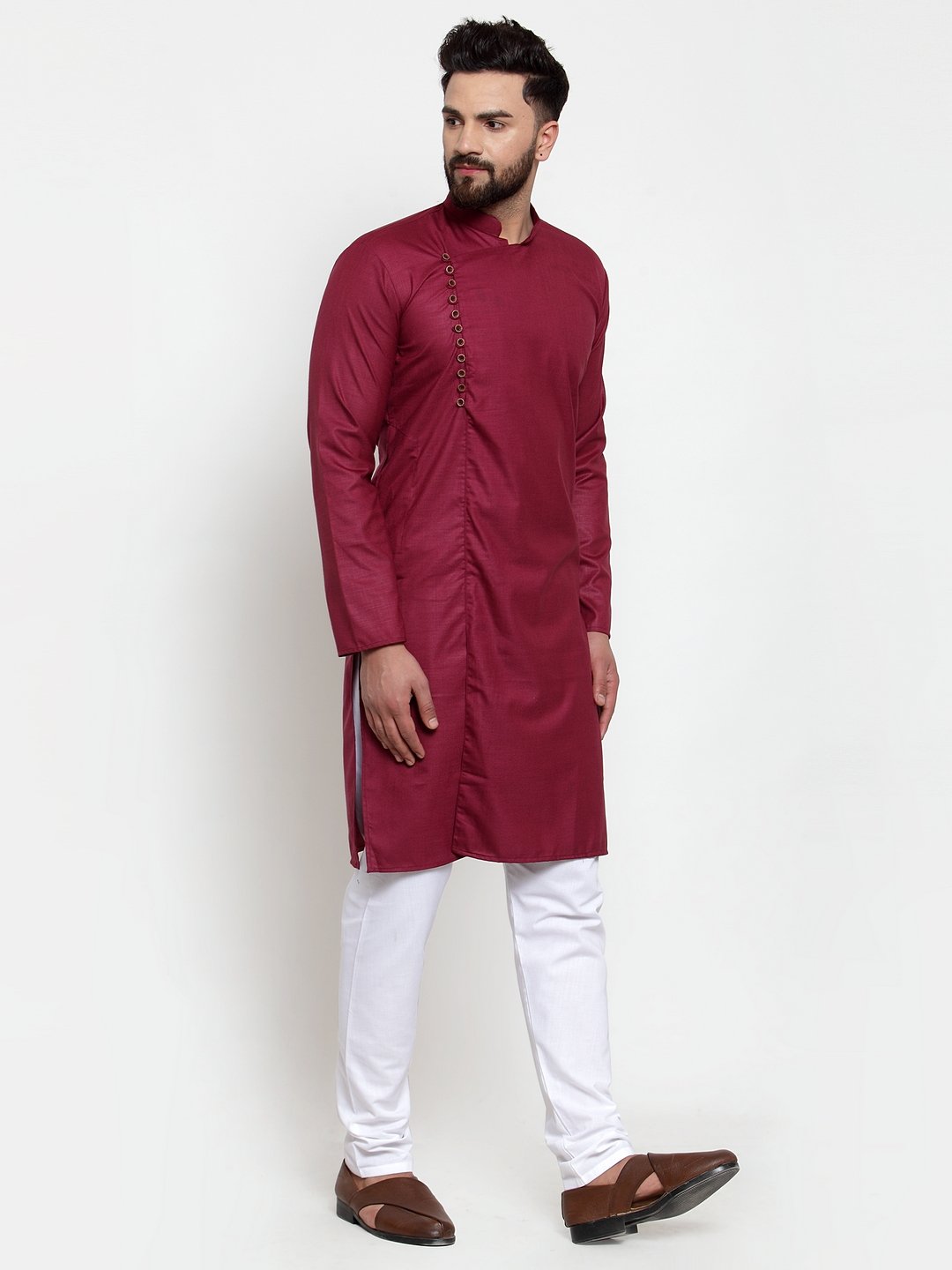 Jompers Men's Maroon Solid Kurta with Churidar