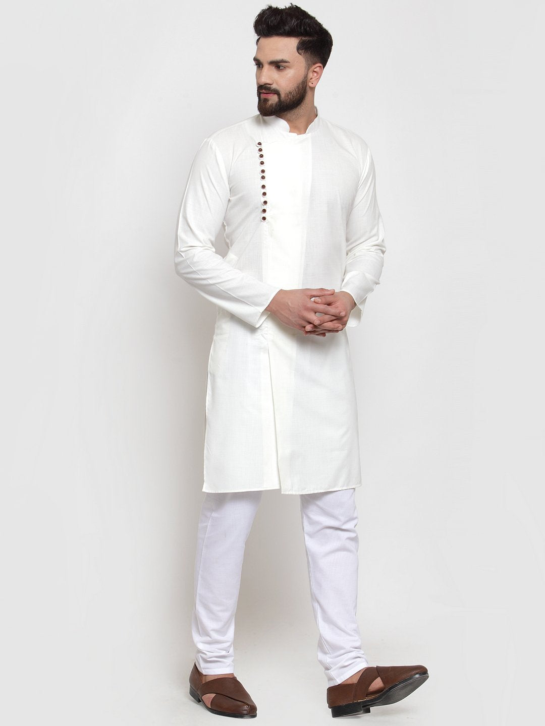 Jompers Men White Solid Mandarin Collar Kurta with Churidar