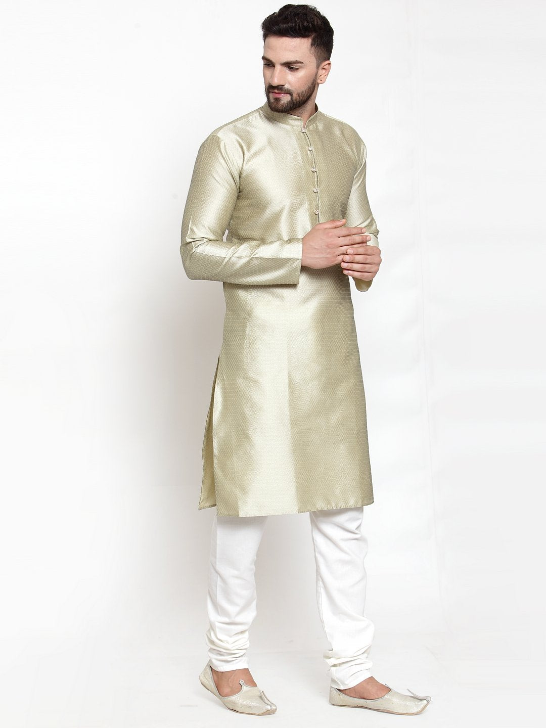 Jompers Men Beige & White Self Design Kurta Only