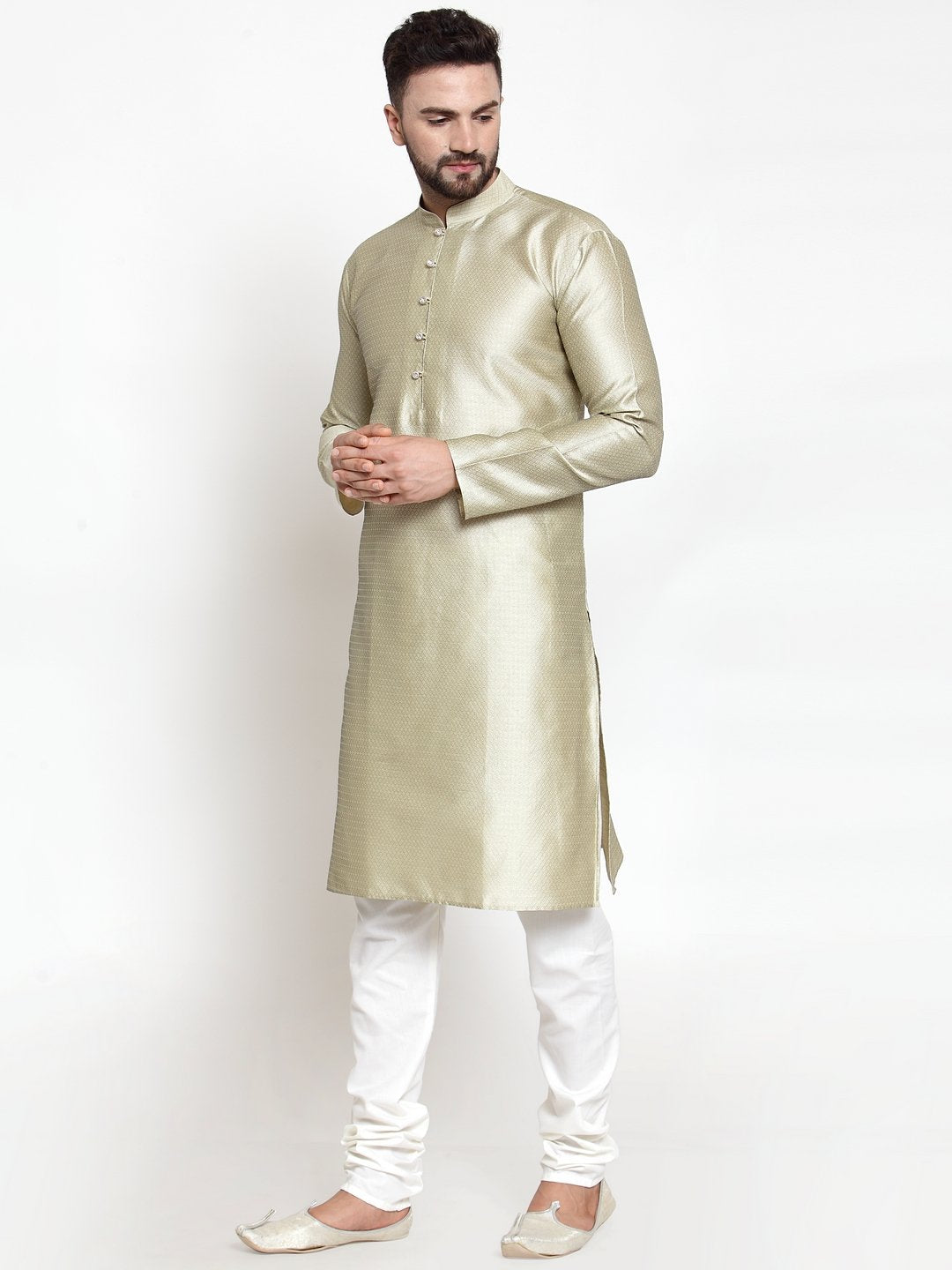Jompers Men Beige & White Self Design Kurta Only