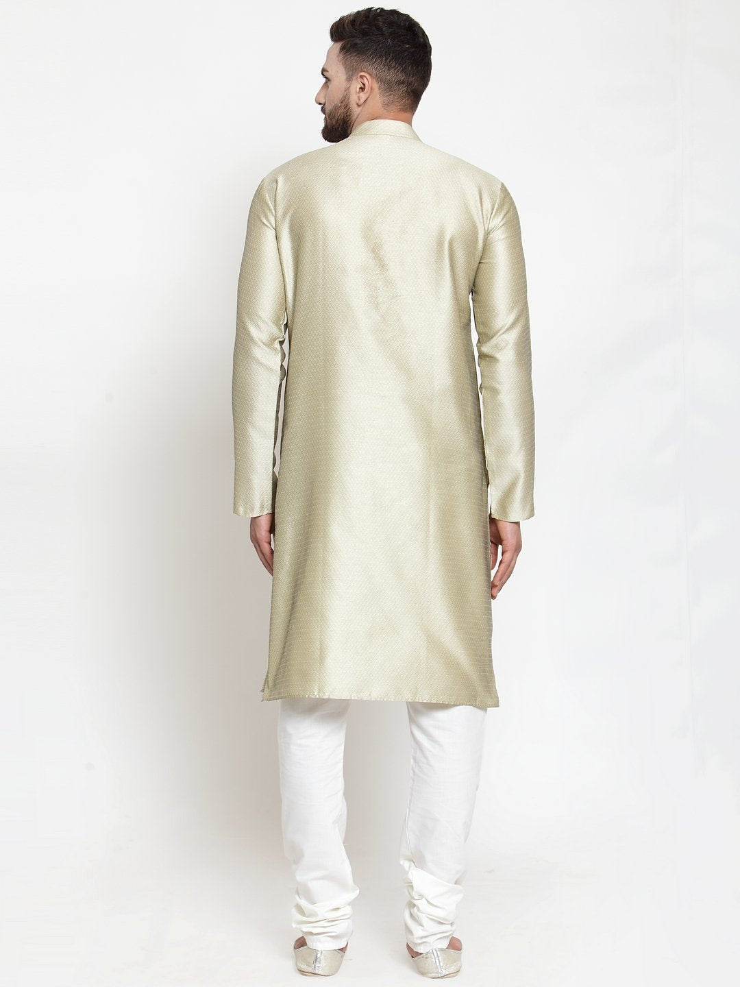Jompers Men Beige & White Self Design Kurta with Churidar