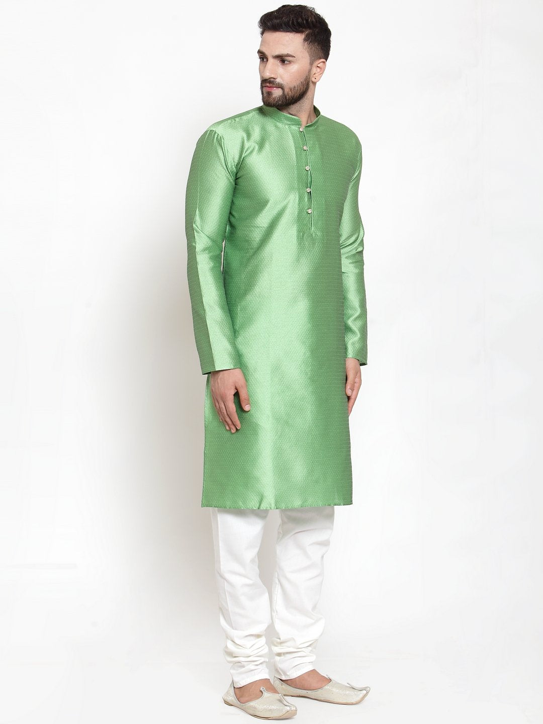Jompers Men Green And White Self Design Kurta Only
