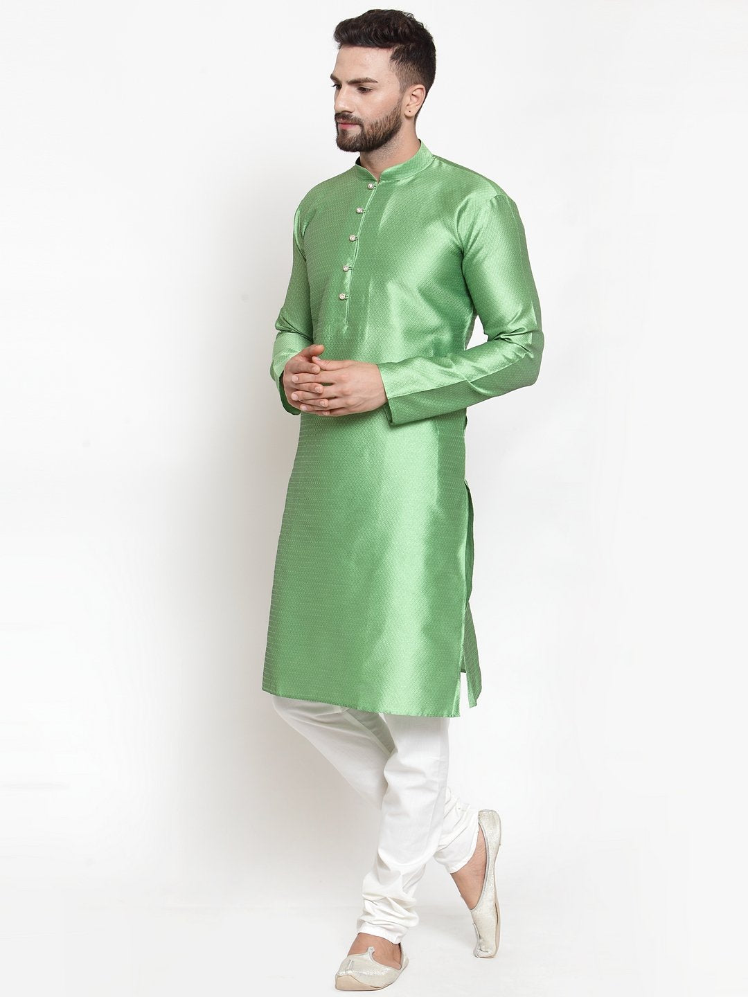 Jompers Men Green & White Self Design Kurta with Churidar