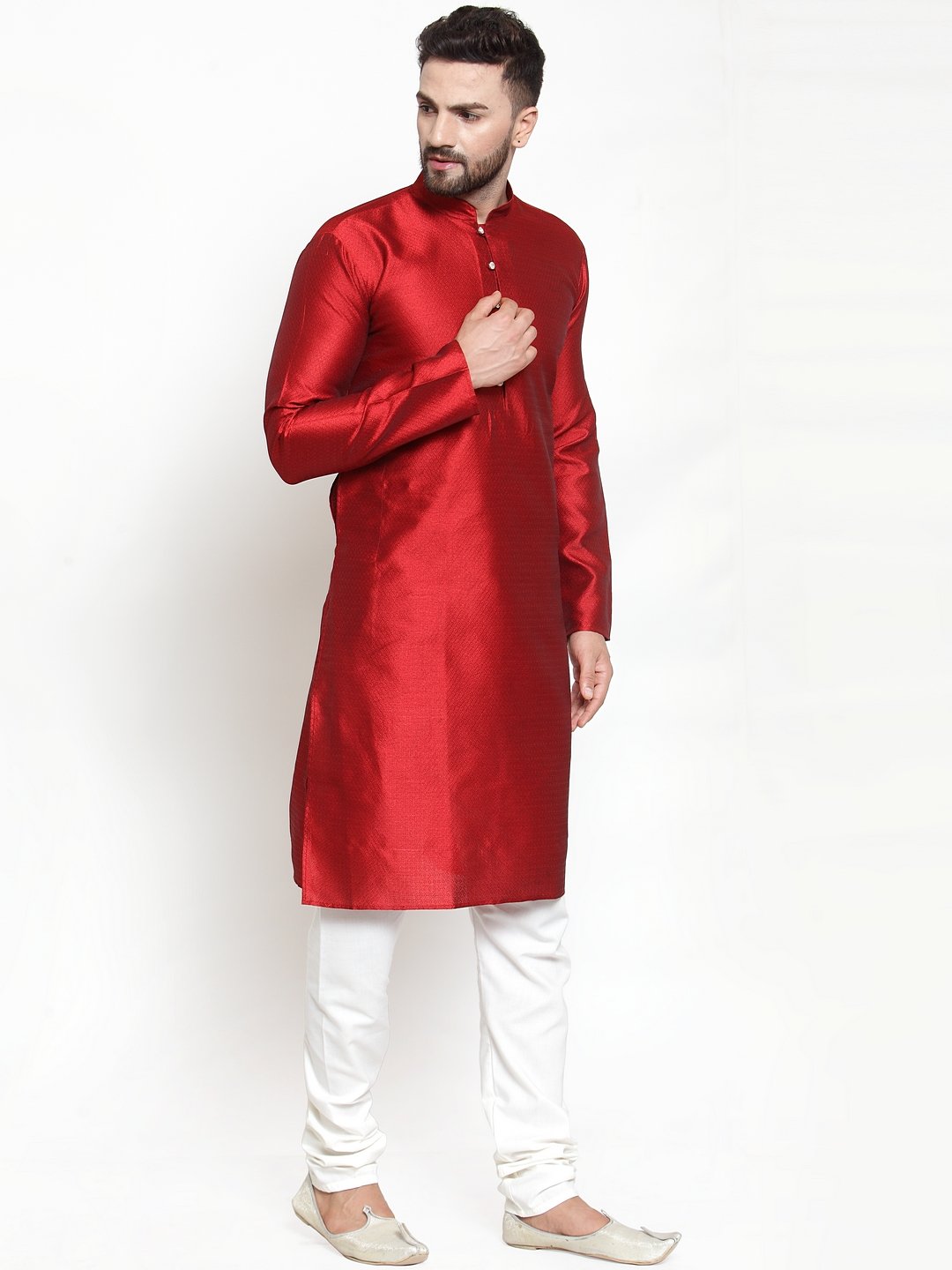 Jompers Men Maroon & White Self Design Kurta Only