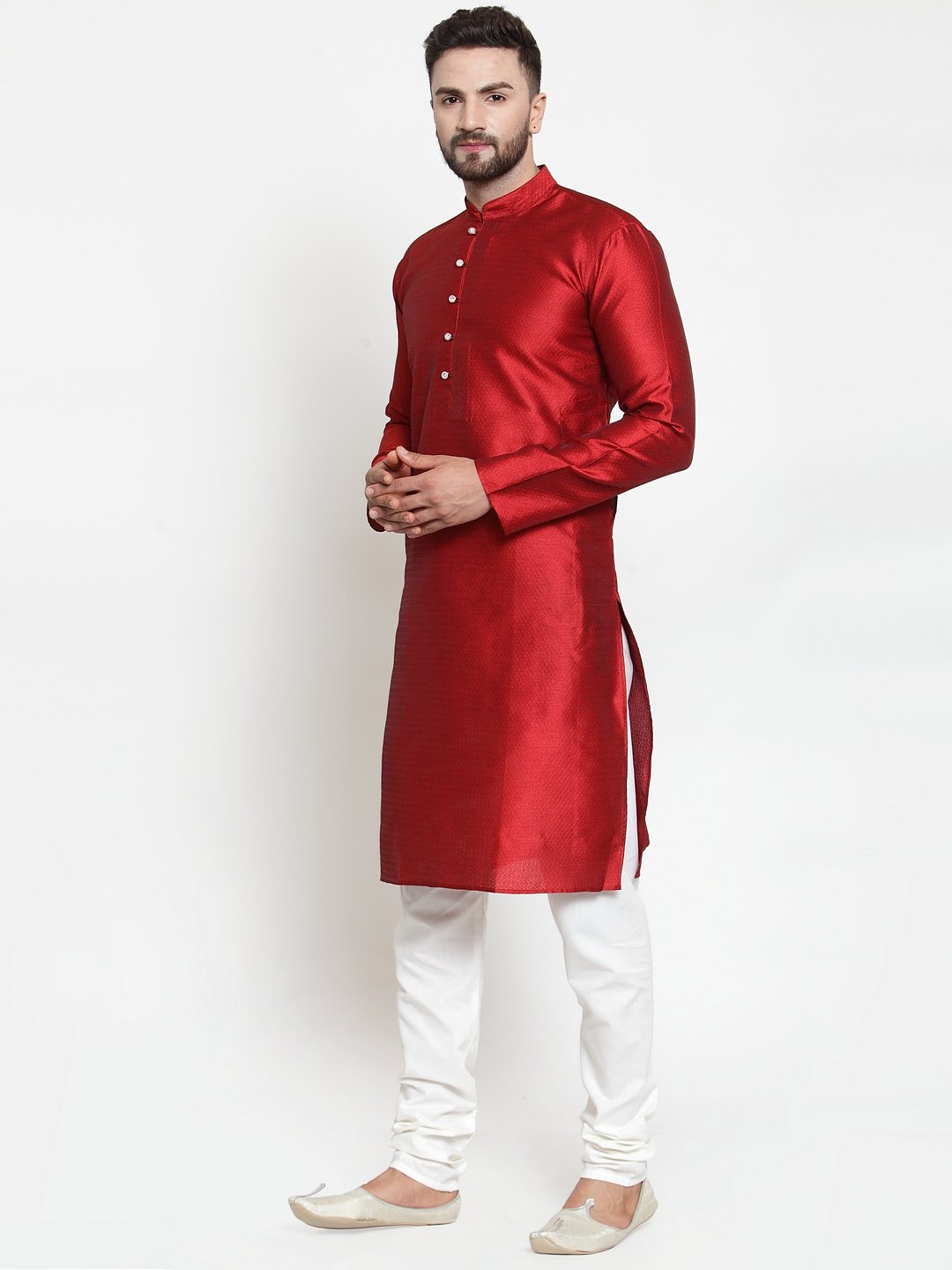 Jompers Men Maroon & White Self Design Kurta with Churidar