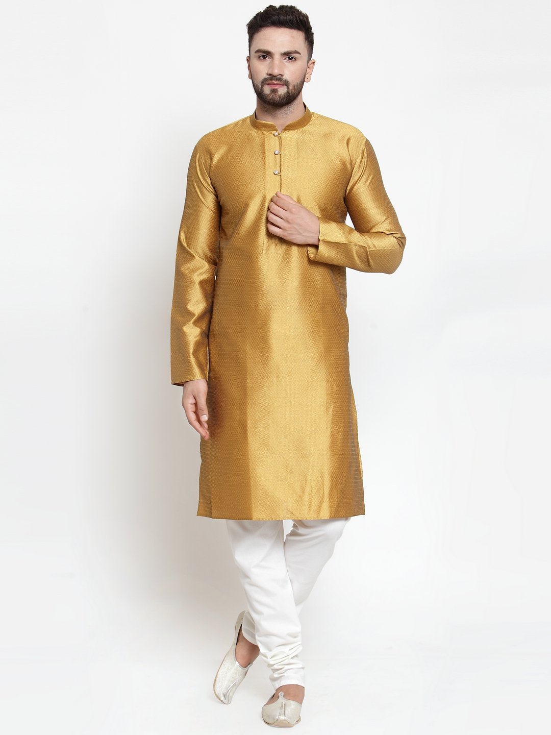 Jompers Men Mustard & White Self Design Kurta with Churidar