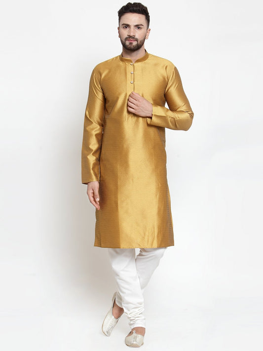 Jompers Men Mustard & White Self Design Kurta with Churidar