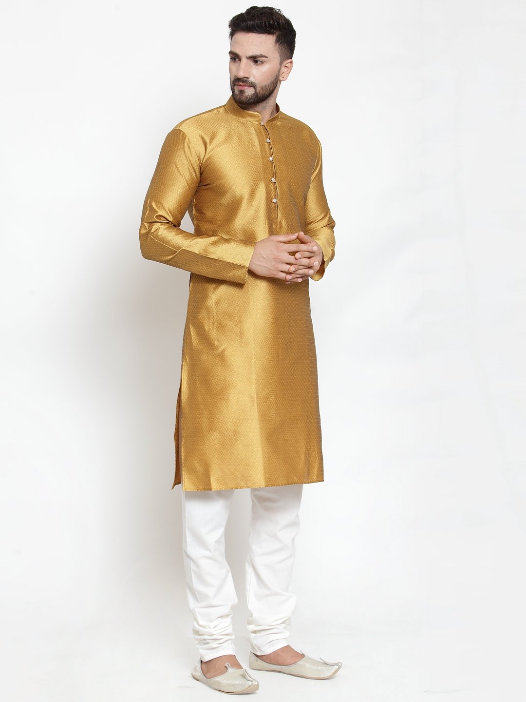 Jompers Men Mustard & White Self Design Kurta with Churidar