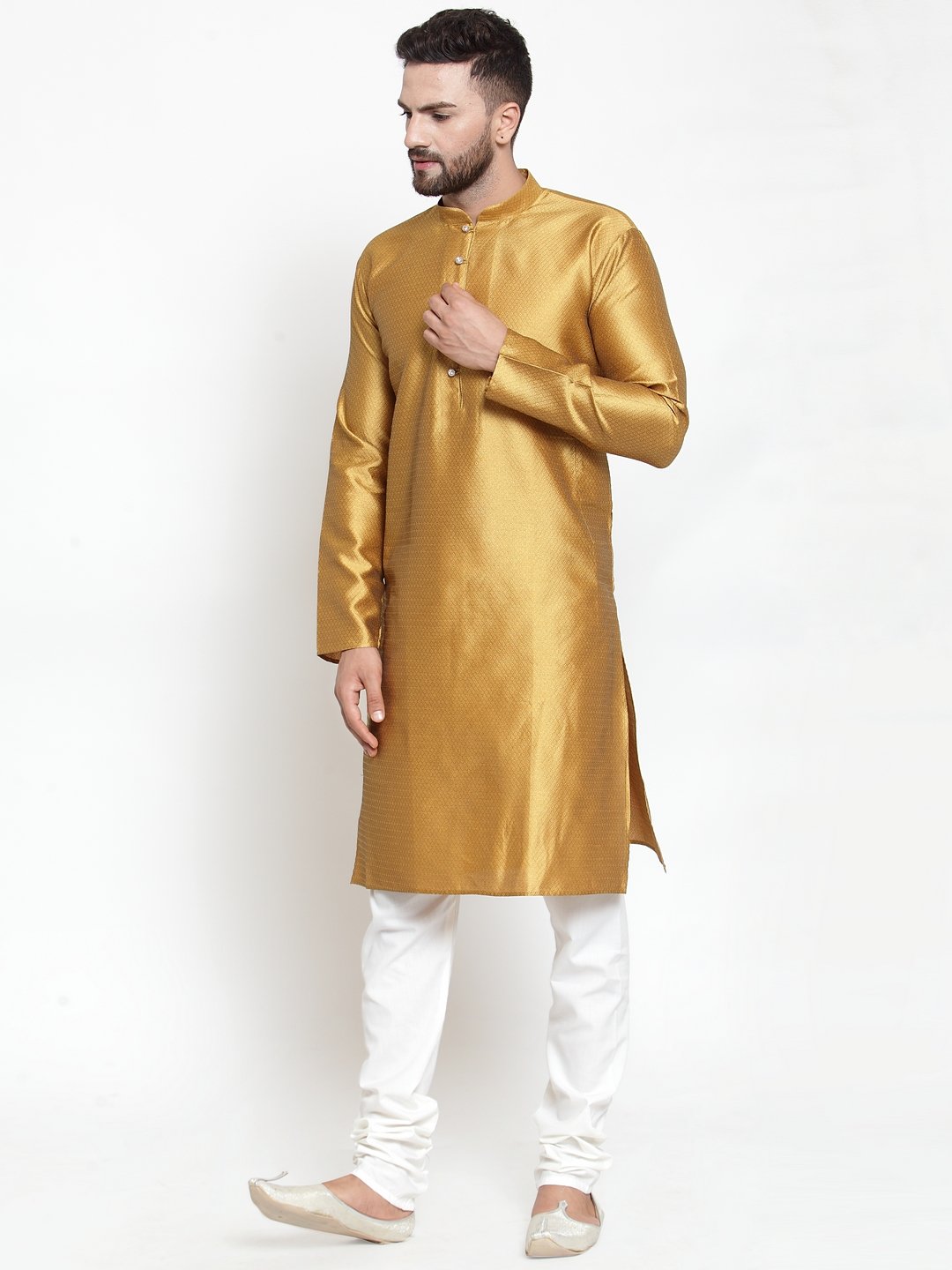 Jompers Men Mustard & White Self Design Kurta with Churidar