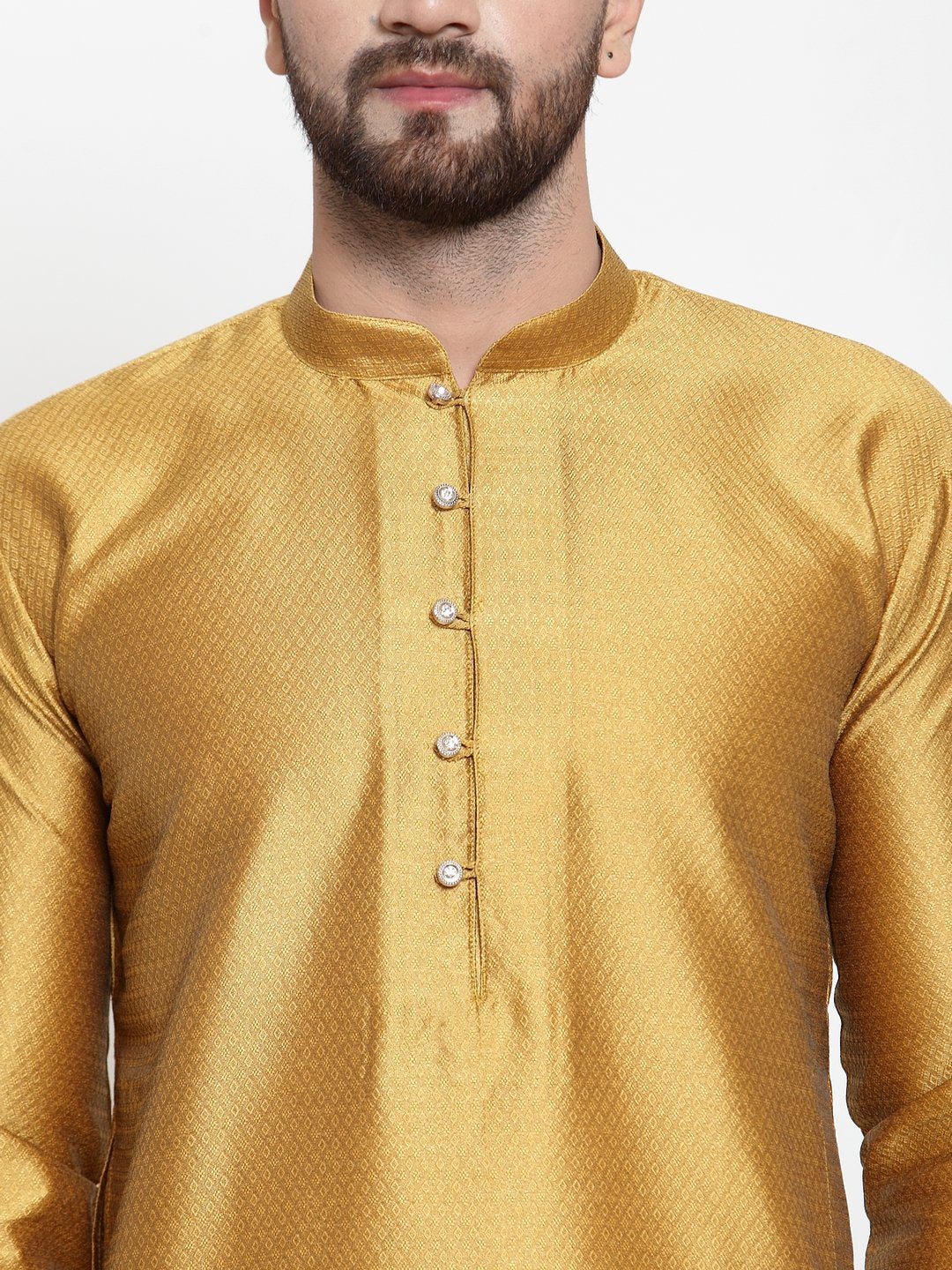 Jompers Men Mustard & White Self Design Kurta with Churidar