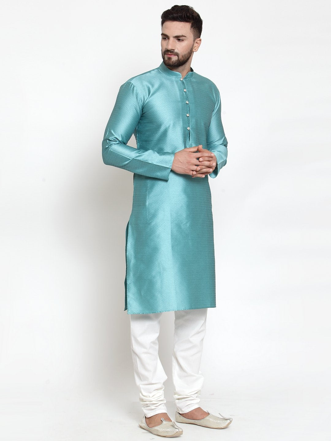 Jompers Men Light-Blue & White Self Design Kurta Only
