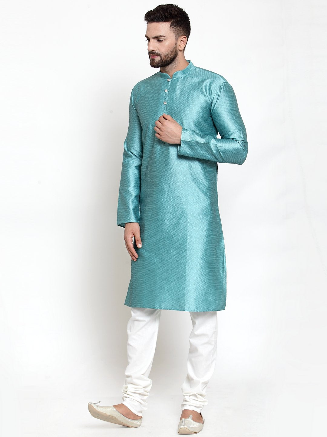 Jompers Men Light-Blue & White Self Design Kurta with Churidar