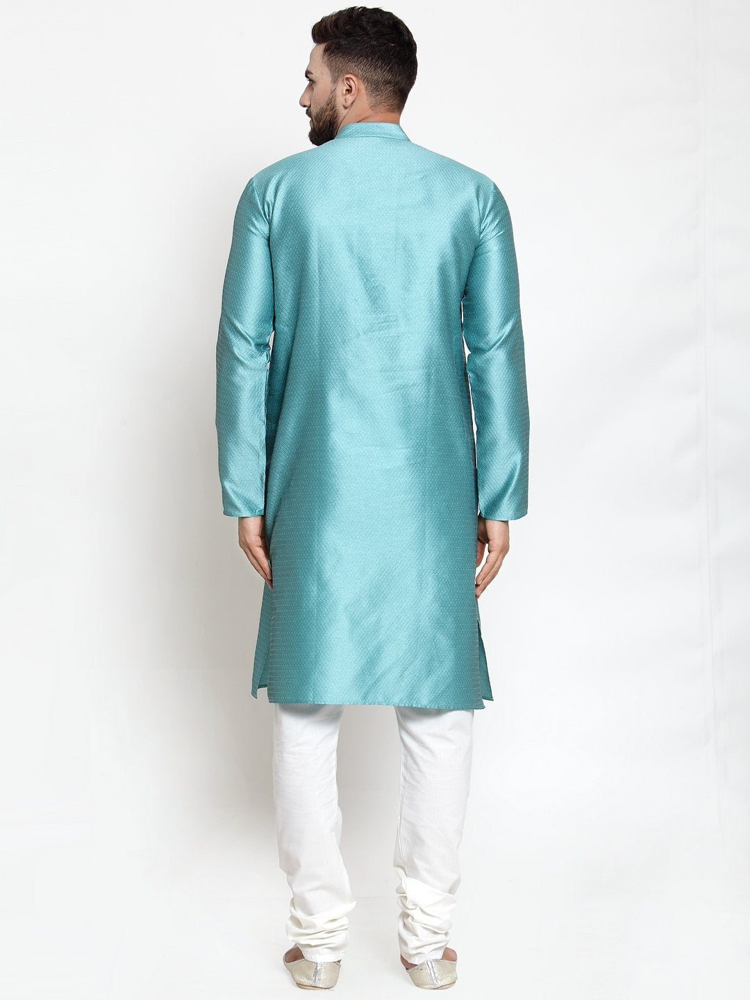 Jompers Men Light-Blue & White Self Design Kurta with Churidar