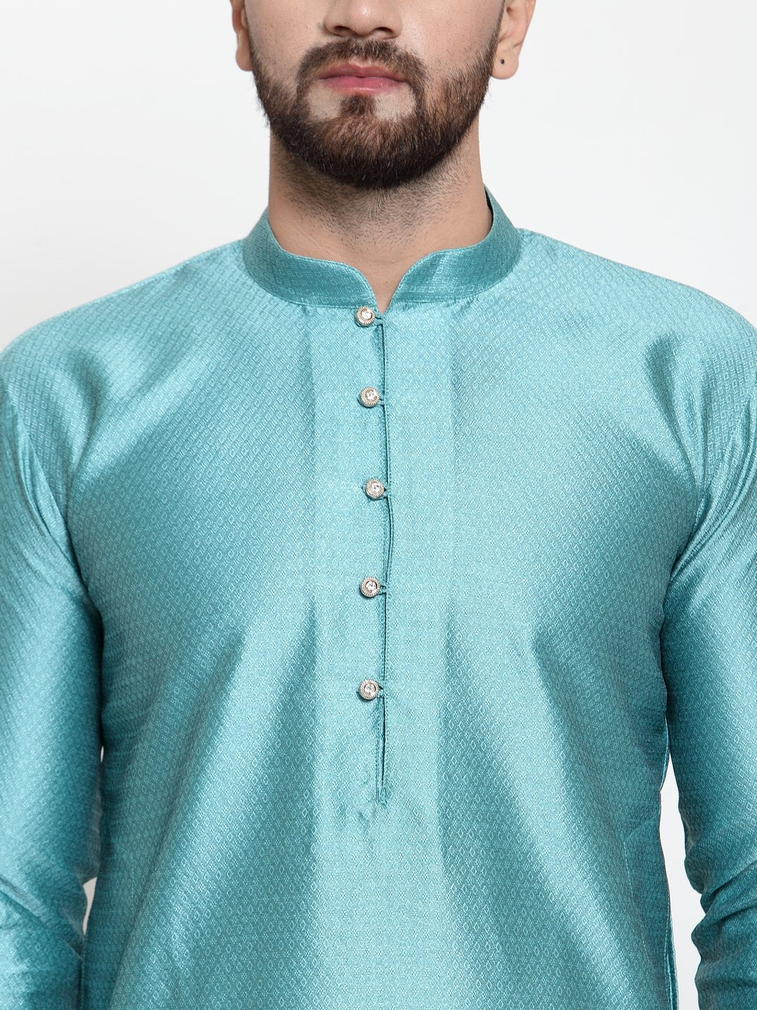 Jompers Men Light-Blue & White Self Design Kurta with Churidar
