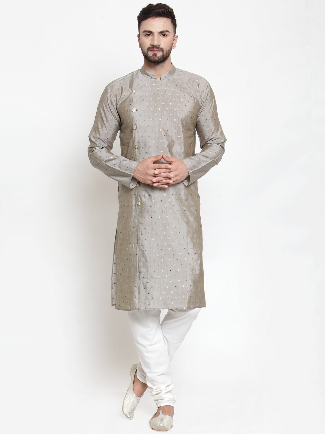 Jompers Men Grey & Golden Self Design Kurta with Churidar