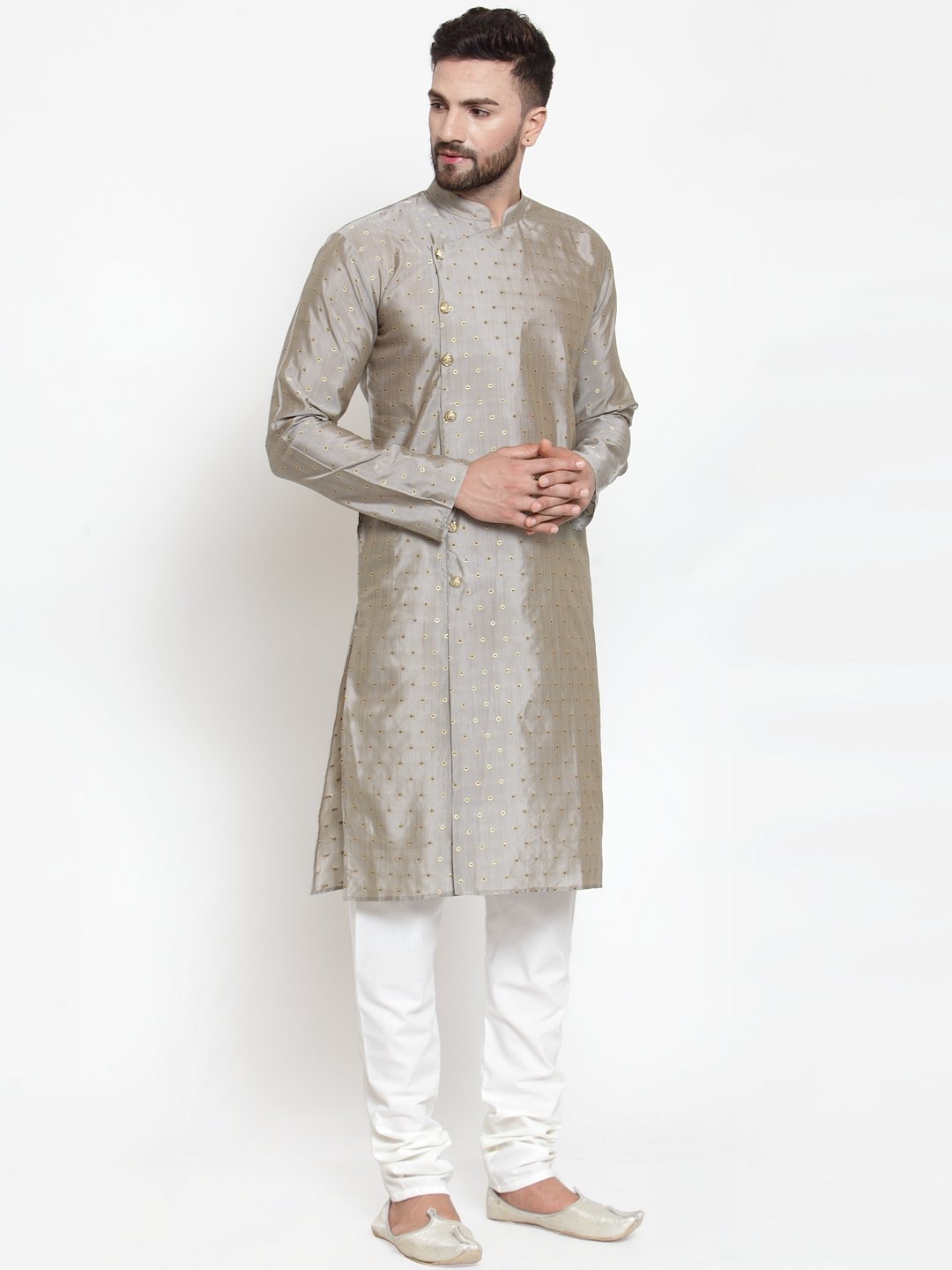 Jompers Men Grey & Golden Self Design Kurta with Churidar