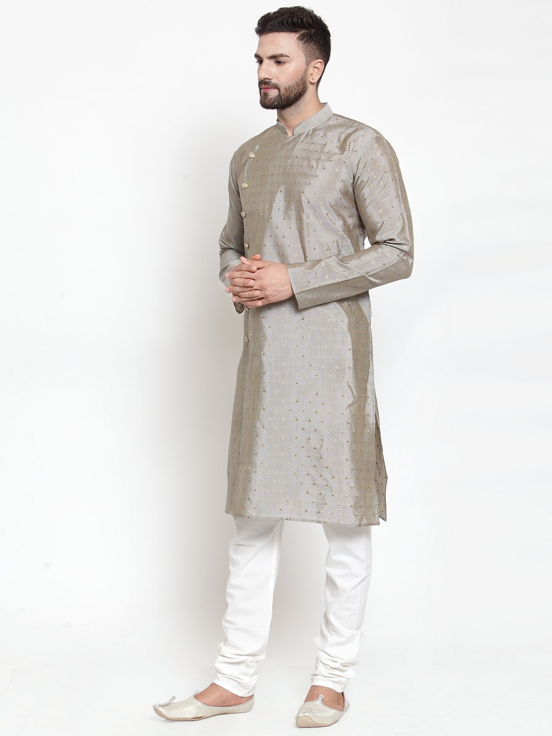 Jompers Men Grey & Golden Self Design Kurta with Churidar