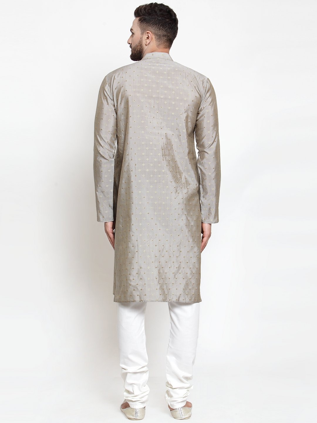 Jompers Men Grey & Golden Self Design Kurta with Churidar
