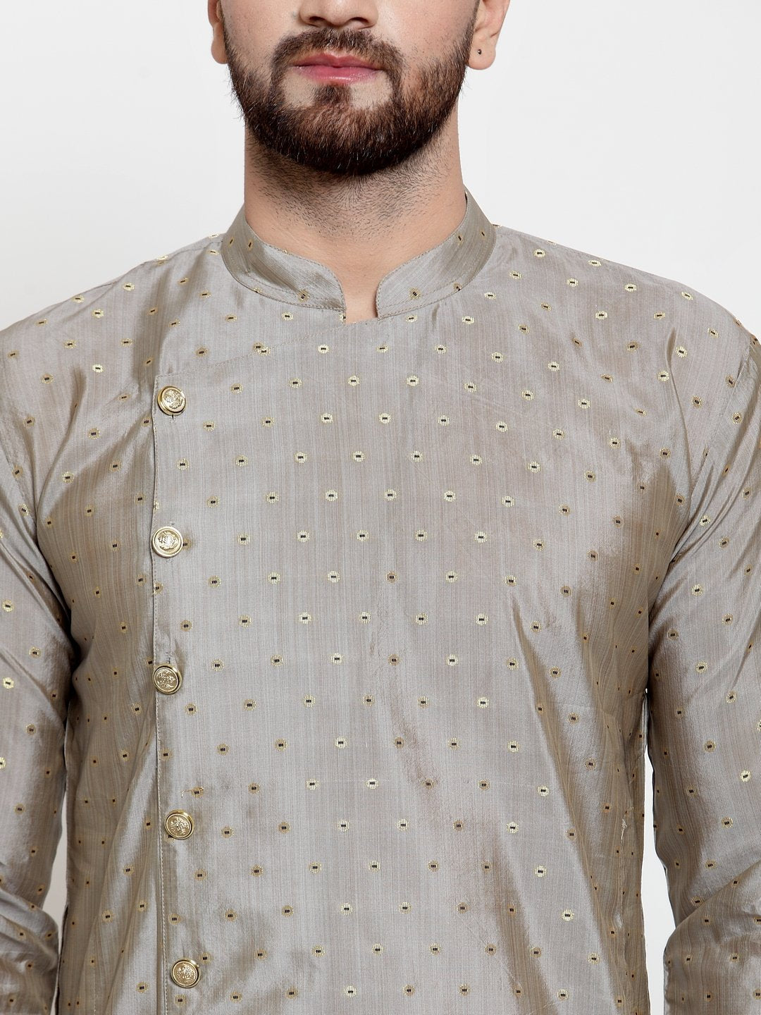 Jompers Men Grey & Golden Self Design Kurta with Churidar