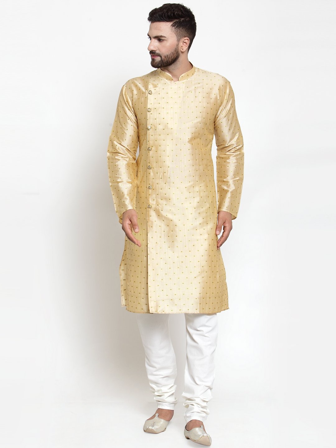 Jompers Men Mustard & Golden Self Design Kurta Only