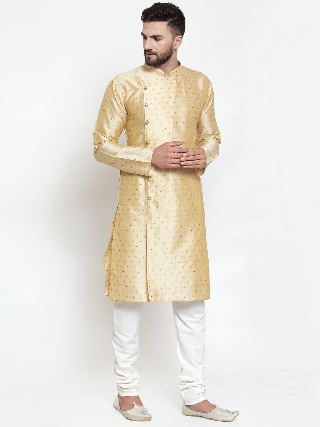 Jompers Men Mustard & Golden Self Design Kurta with Churidar