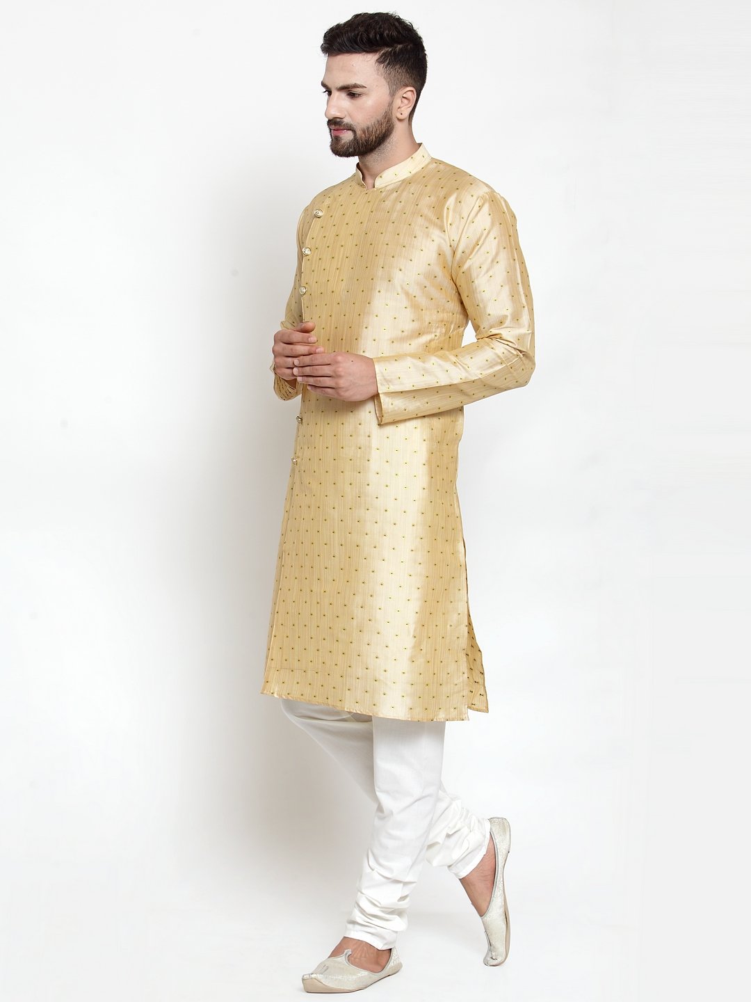 Jompers Men Mustard & Golden Self Design Kurta with Churidar